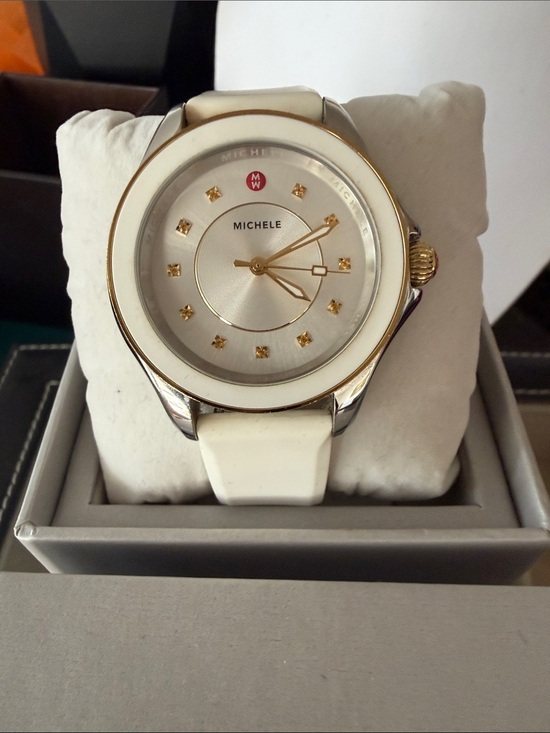 Michele Jewelry - Michele White rubber Watch with Gold Accents and Crystal Markers